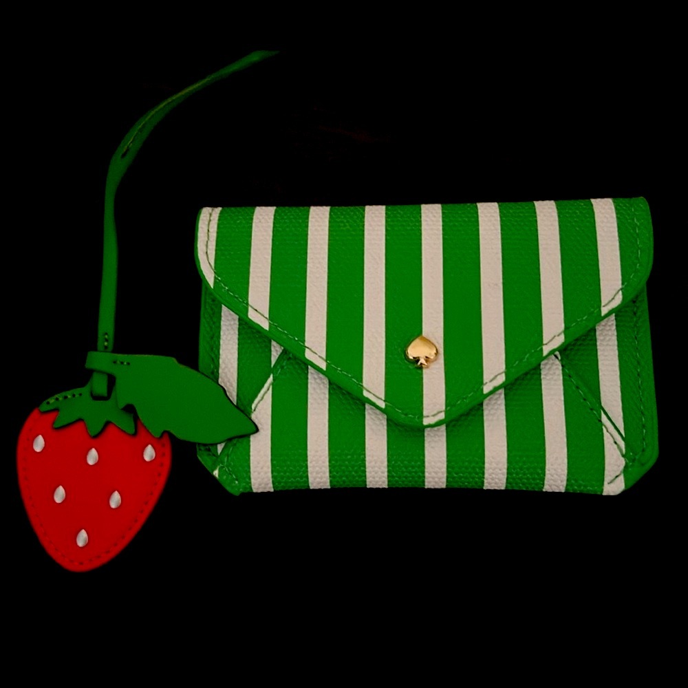 Kate Spade Green Striped wallet card holder with Strawberry Charm - Picture 4 of 7